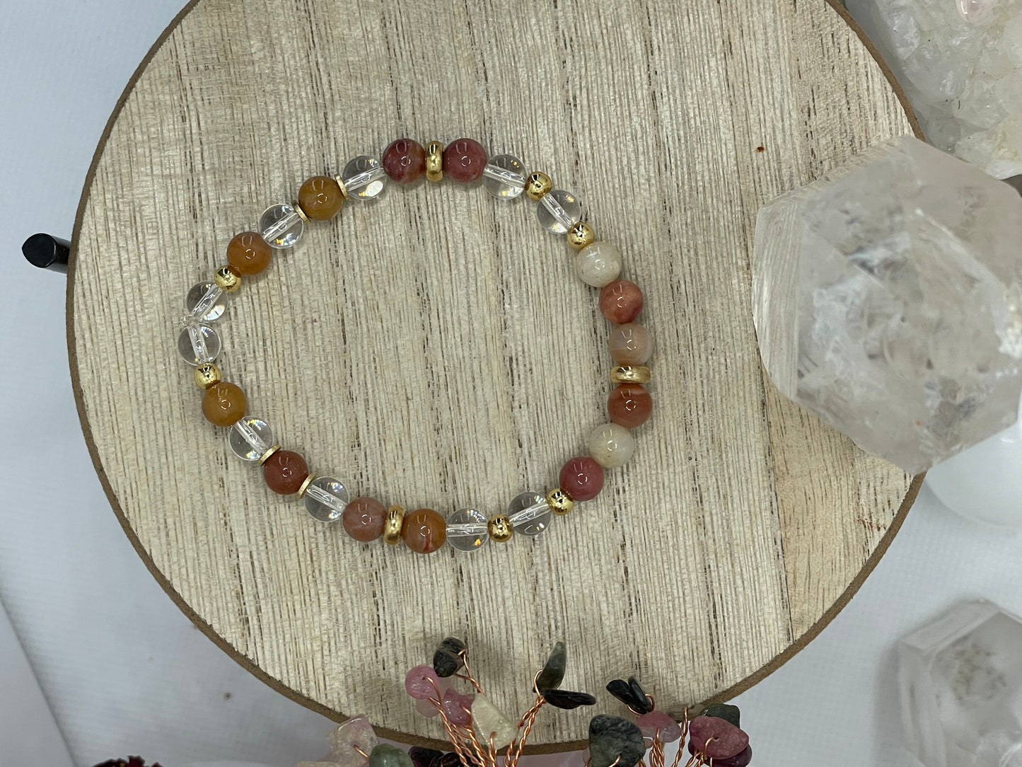 Petrified Wood & Clear Quartz 6mm Beaded Bracelet