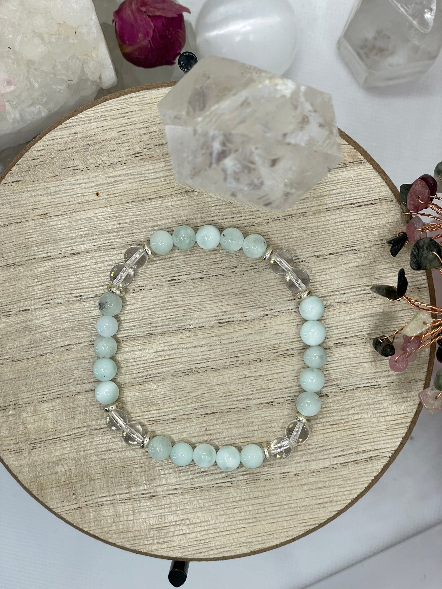 Green Moonstone & Clear Quartz 6mm Beaded Bracelet