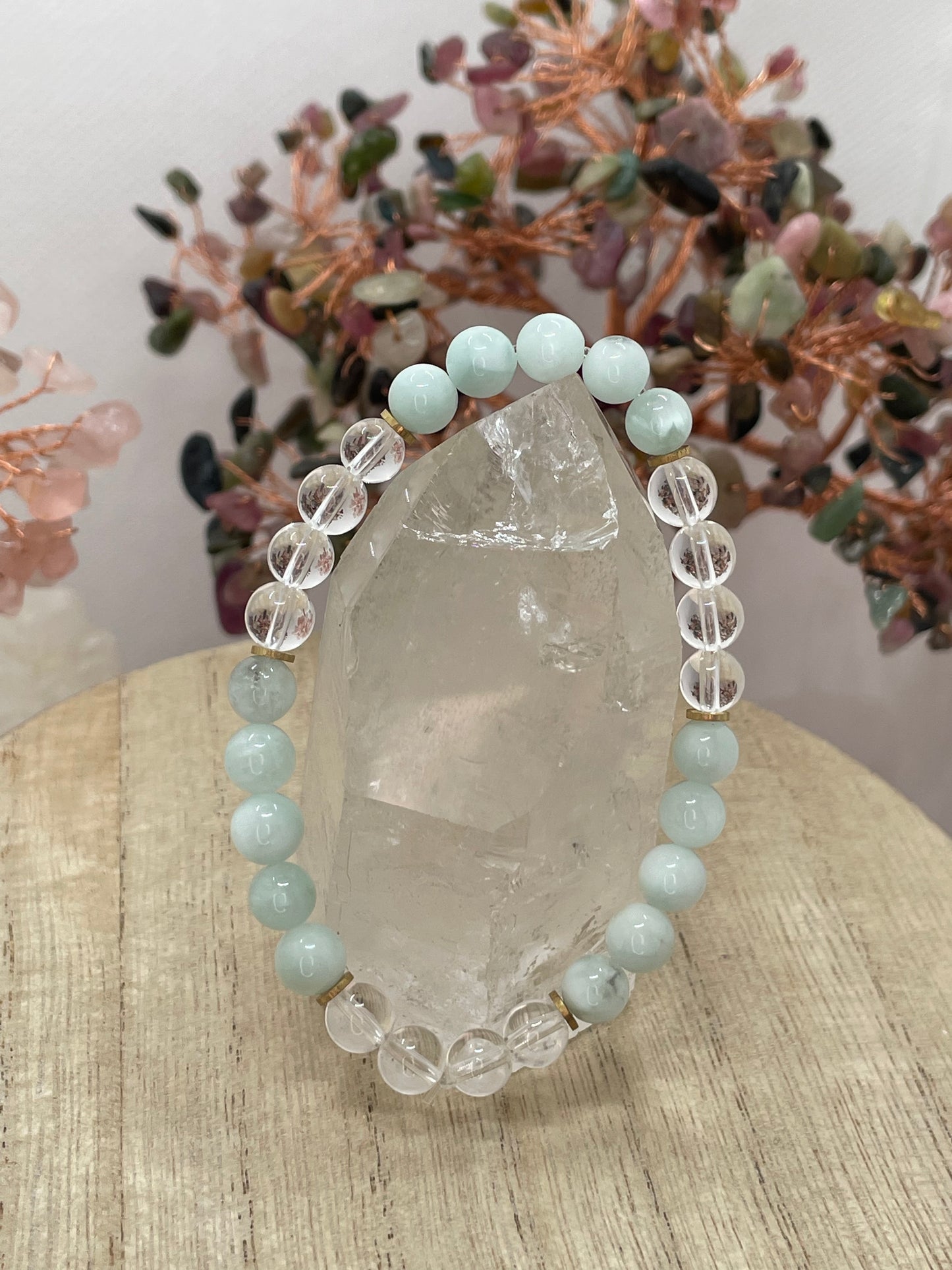 Green Moonstone & Clear Quartz 6mm Beaded Bracelet