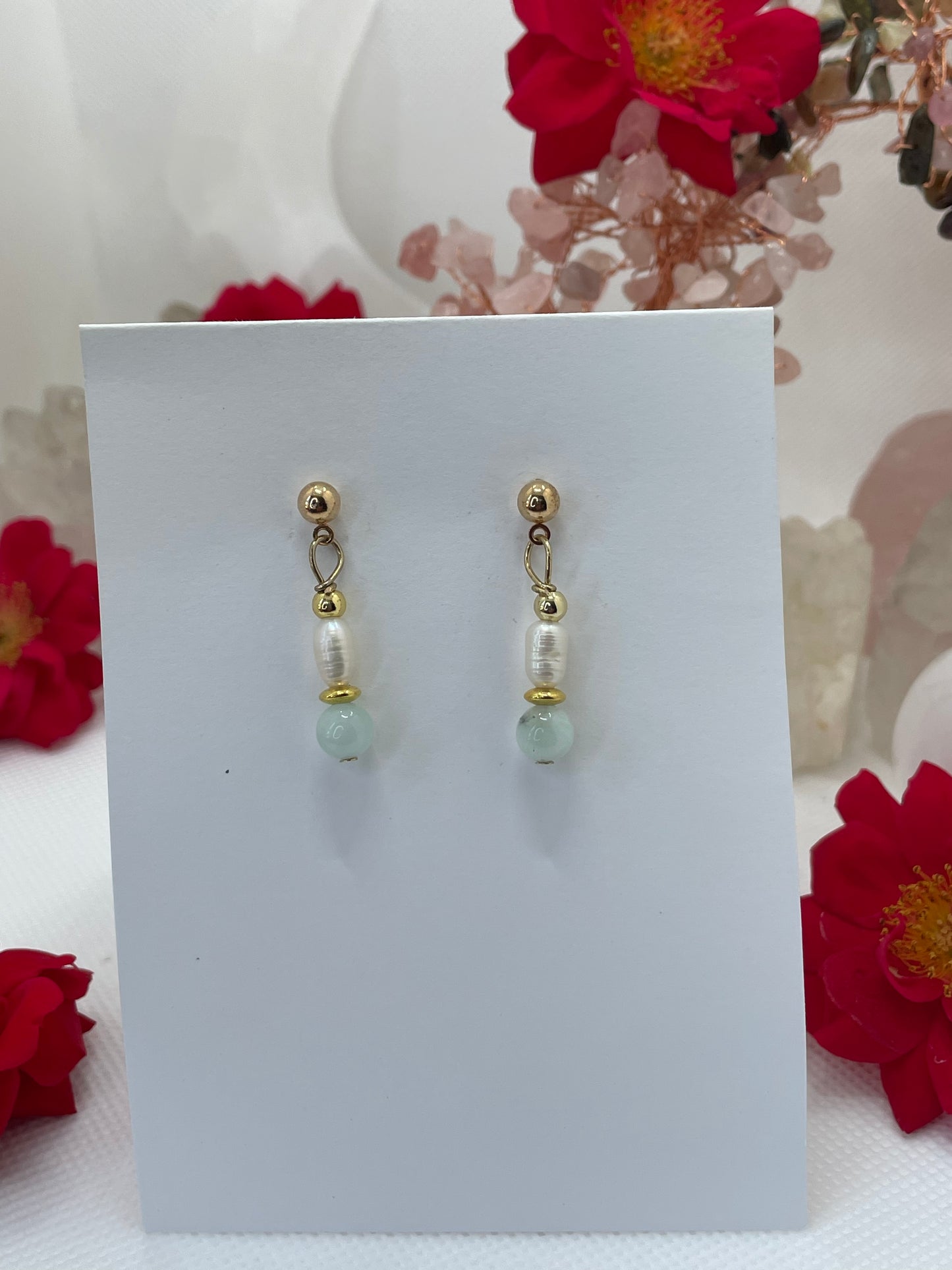 Green Moonstone & Fresh Water Pearl Dangle Earrings