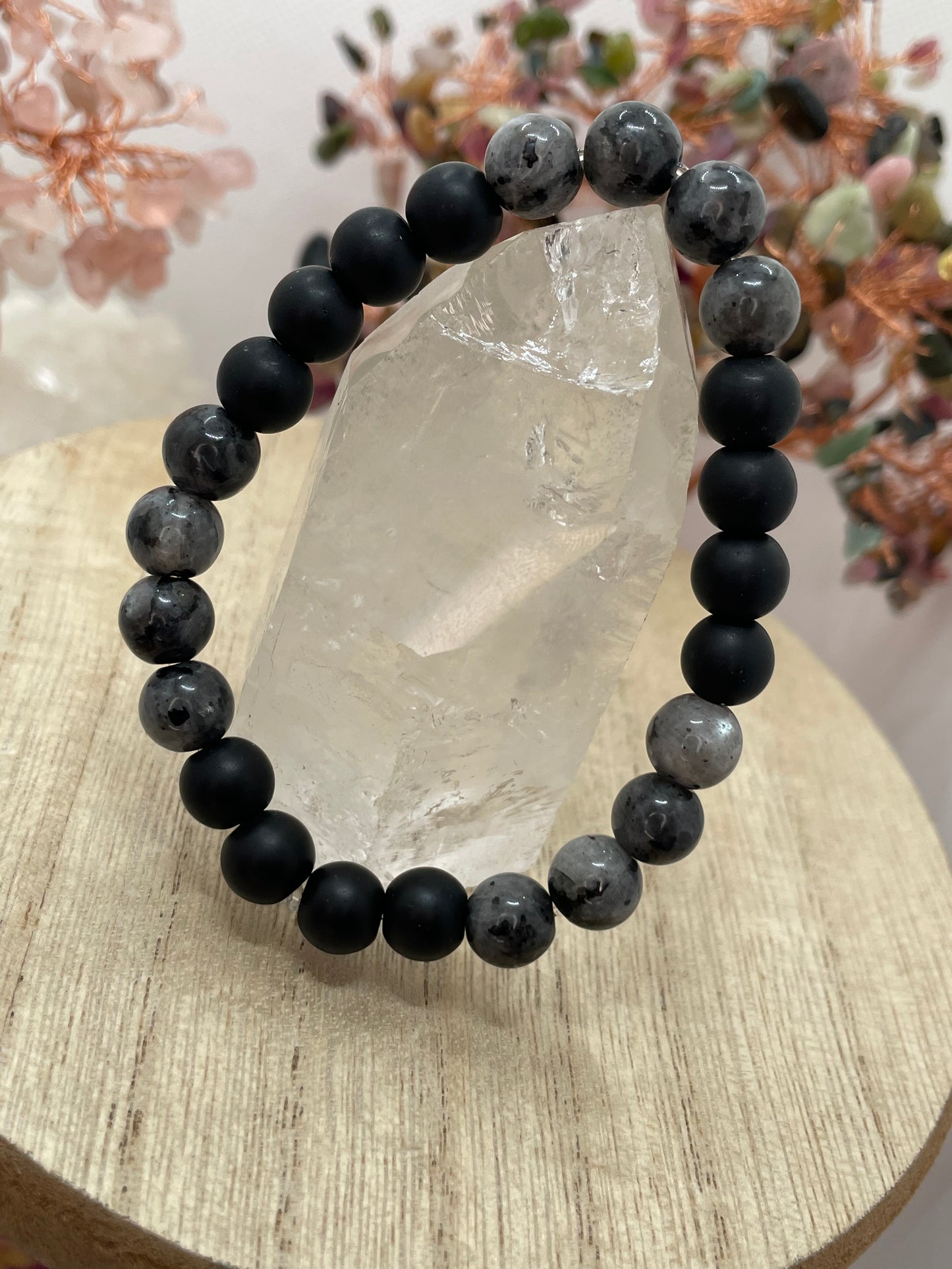 Larvikite Labradorite & Matte Black Onyx 8mm Bracelet