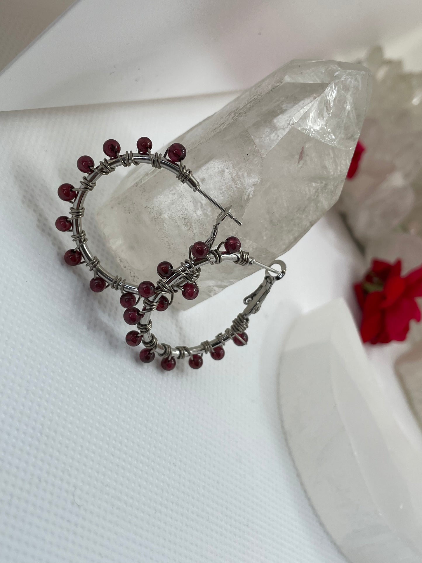 Garnet Gold Hoop Earrings