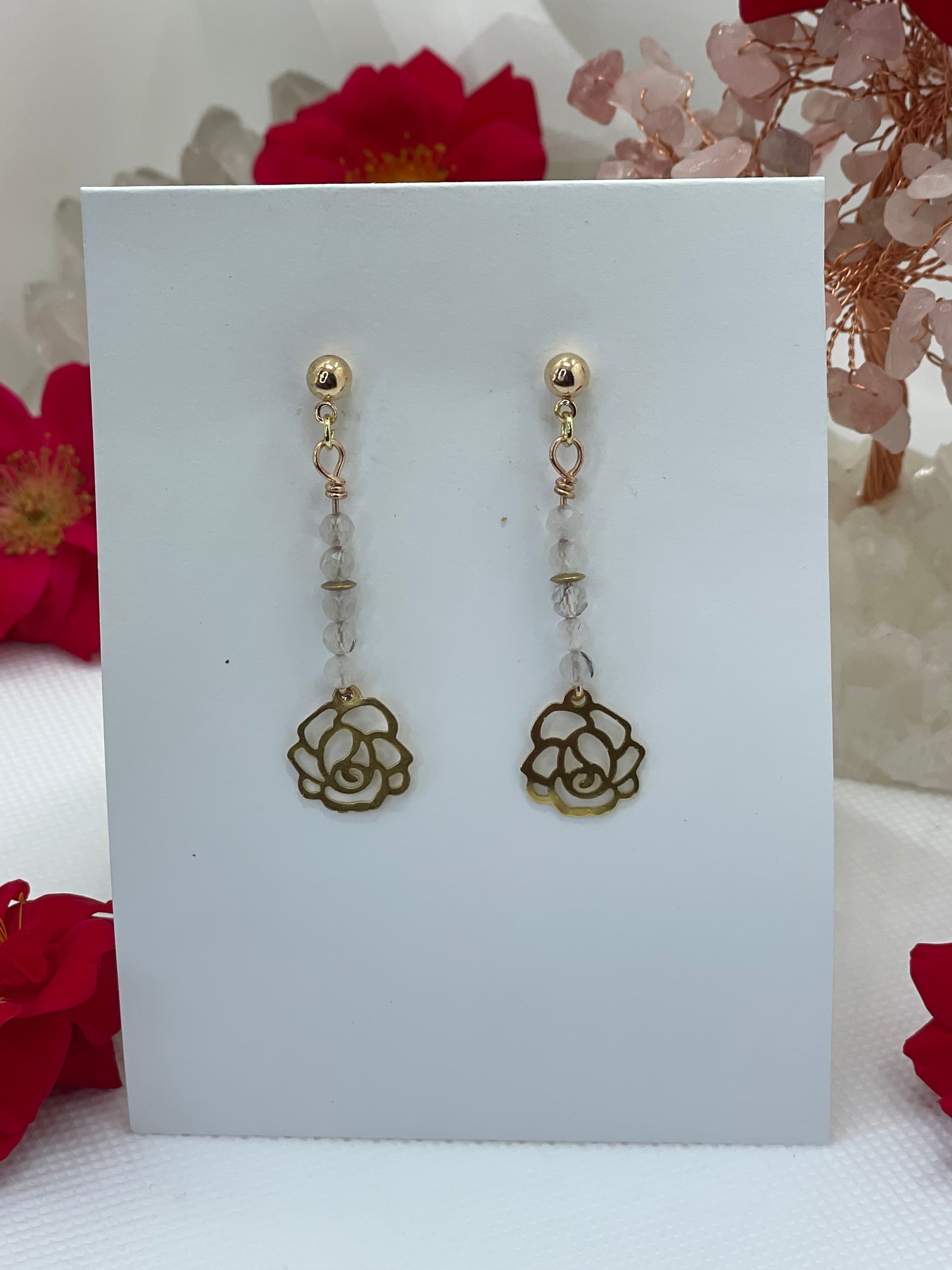 Tourmaline Quartz Gold Flower Dangle Earrings