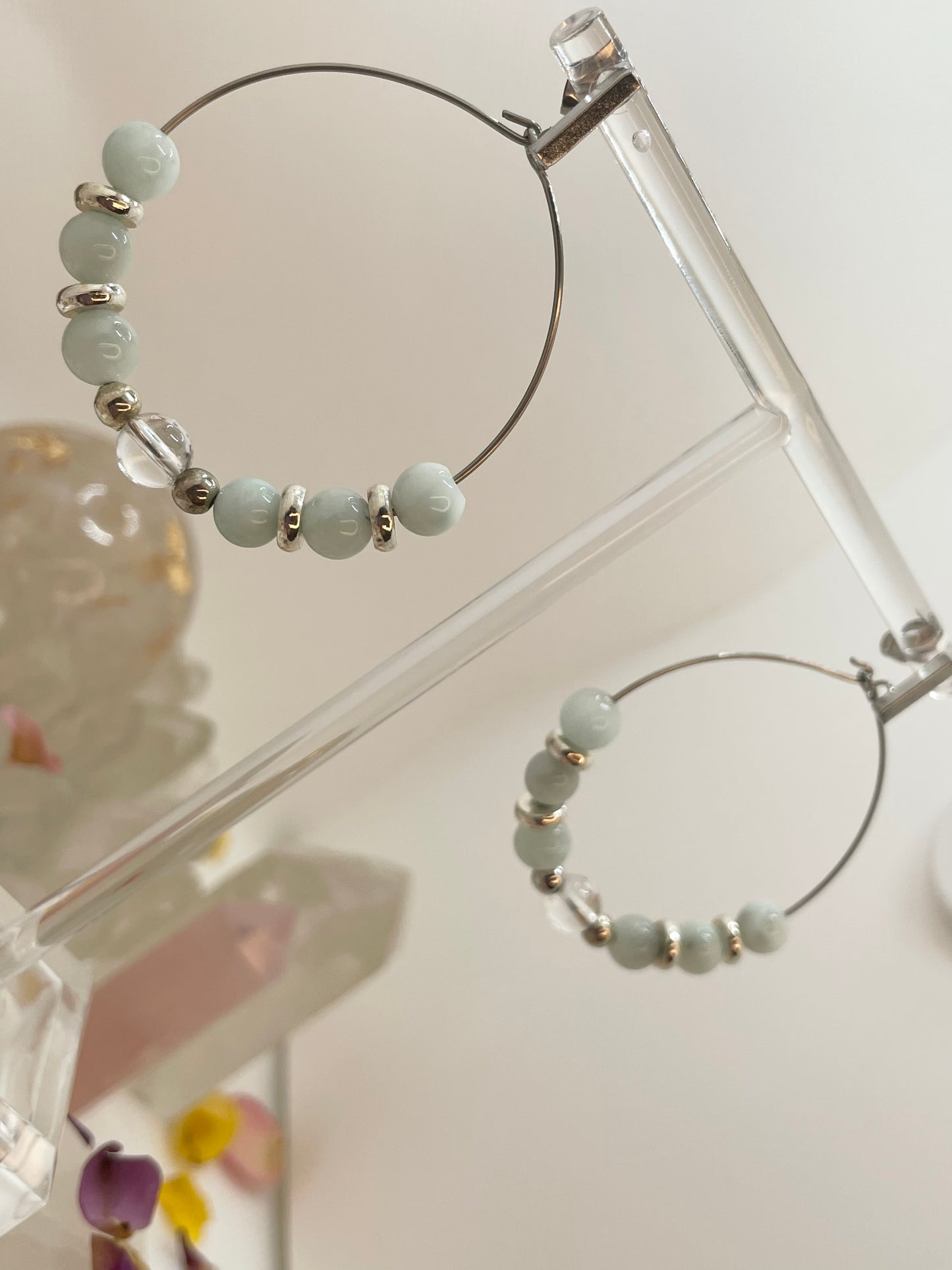 Green Moonstone & Clear Quartz Hoop Earrings