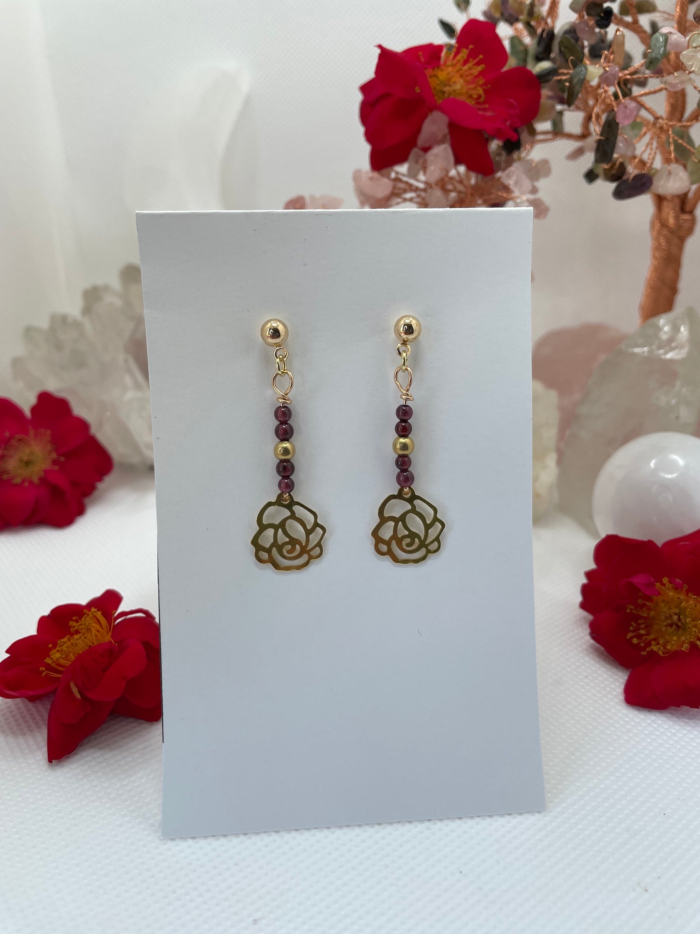 Garnet Gold Flower Dangle Earrings