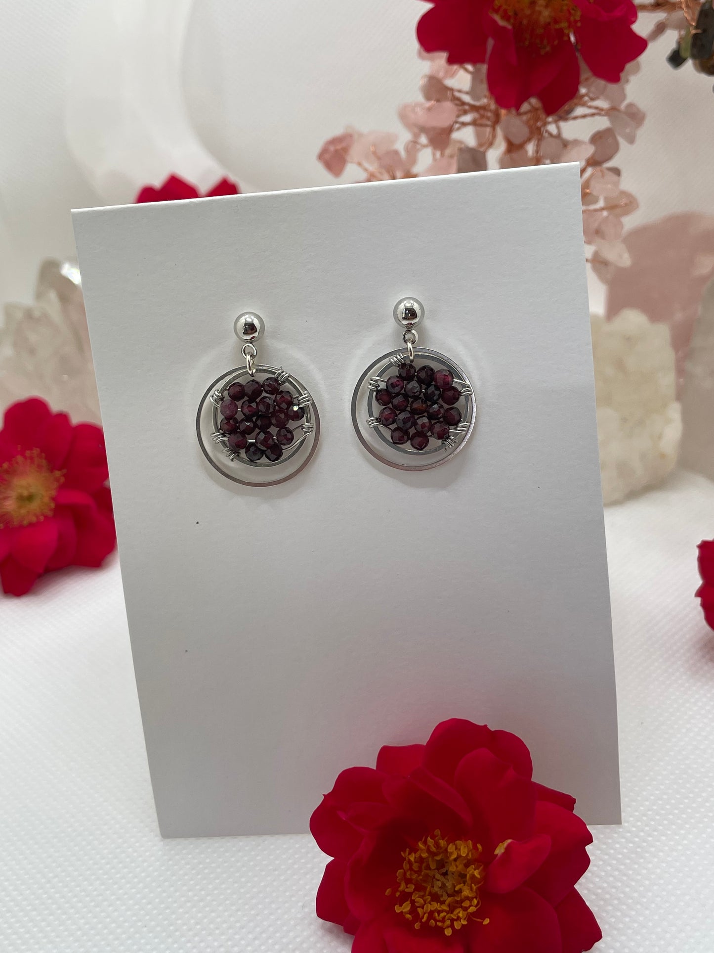 Silver Garnet Hoop Earrings