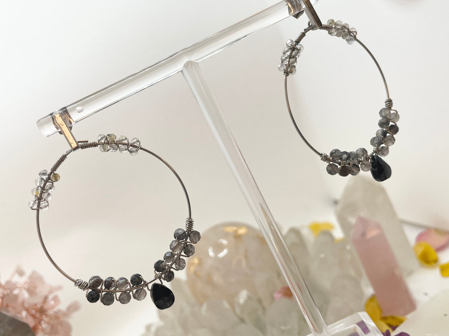 Golden Rutilated Quartz , Obsidian & Black Spinel 45mm Silver Hoop Earrings