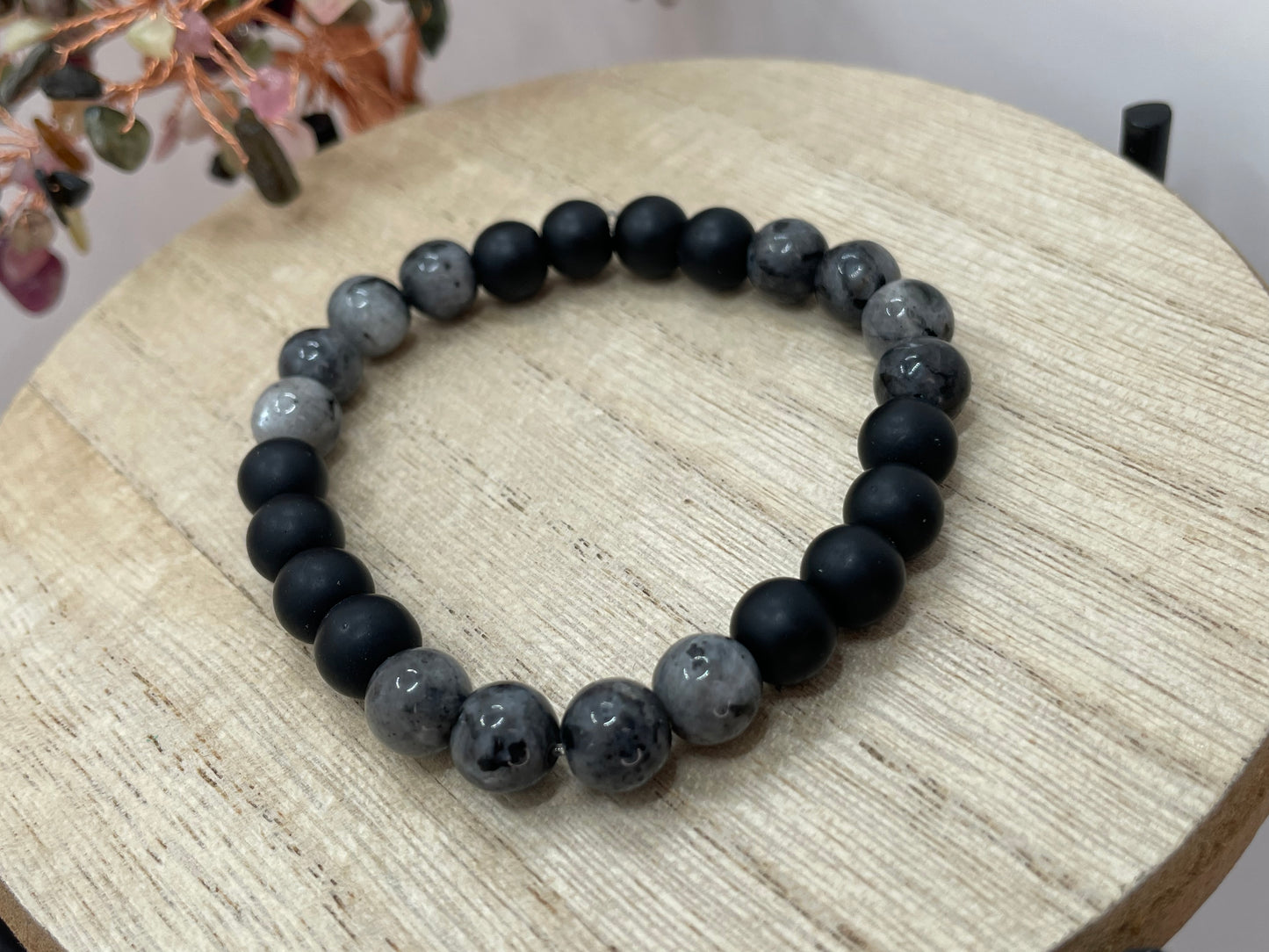 Larvikite Labradorite & Matte Black Onyx 8mm Bracelet