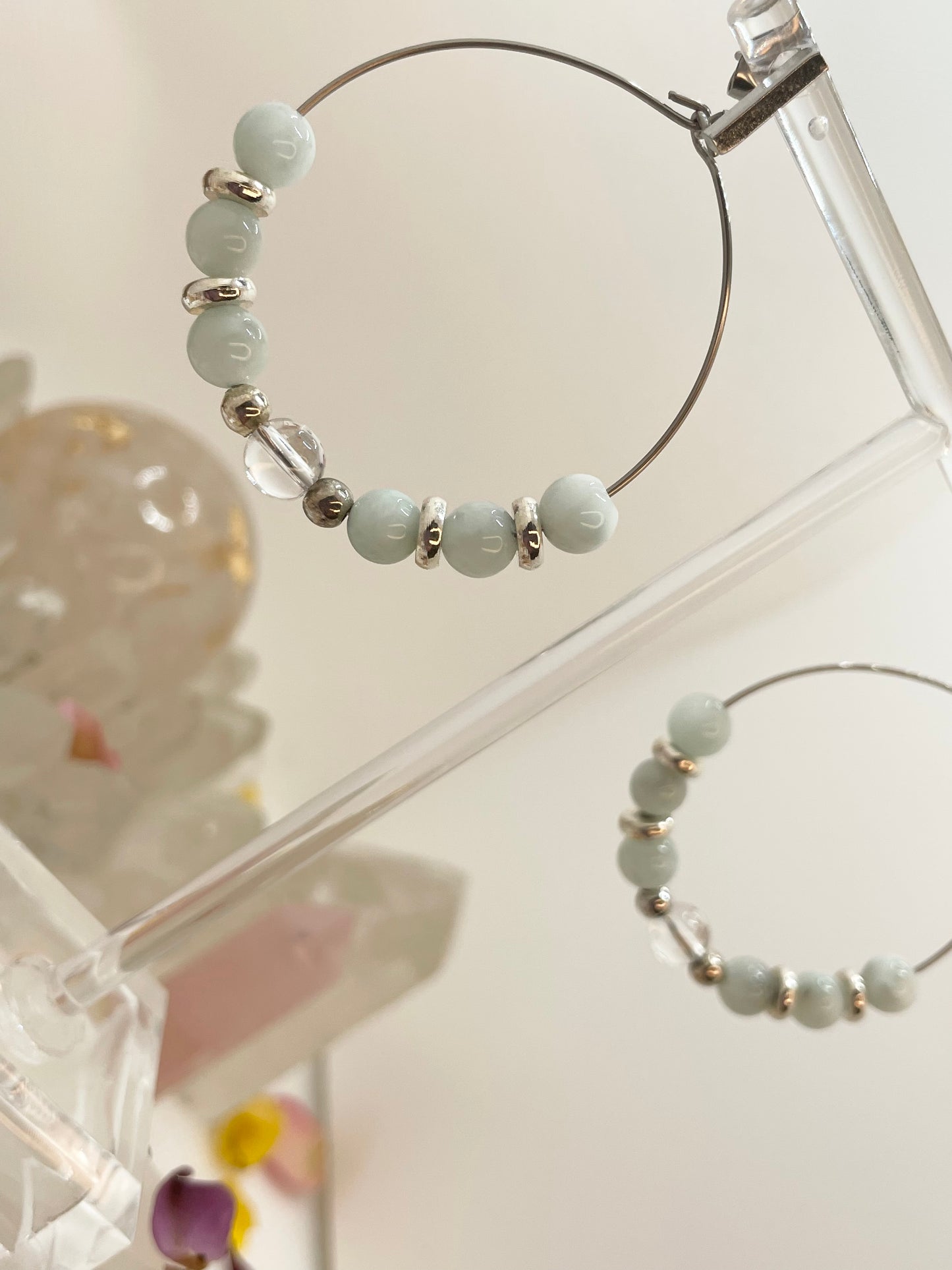 Green Moonstone & Clear Quartz Hoop Earrings