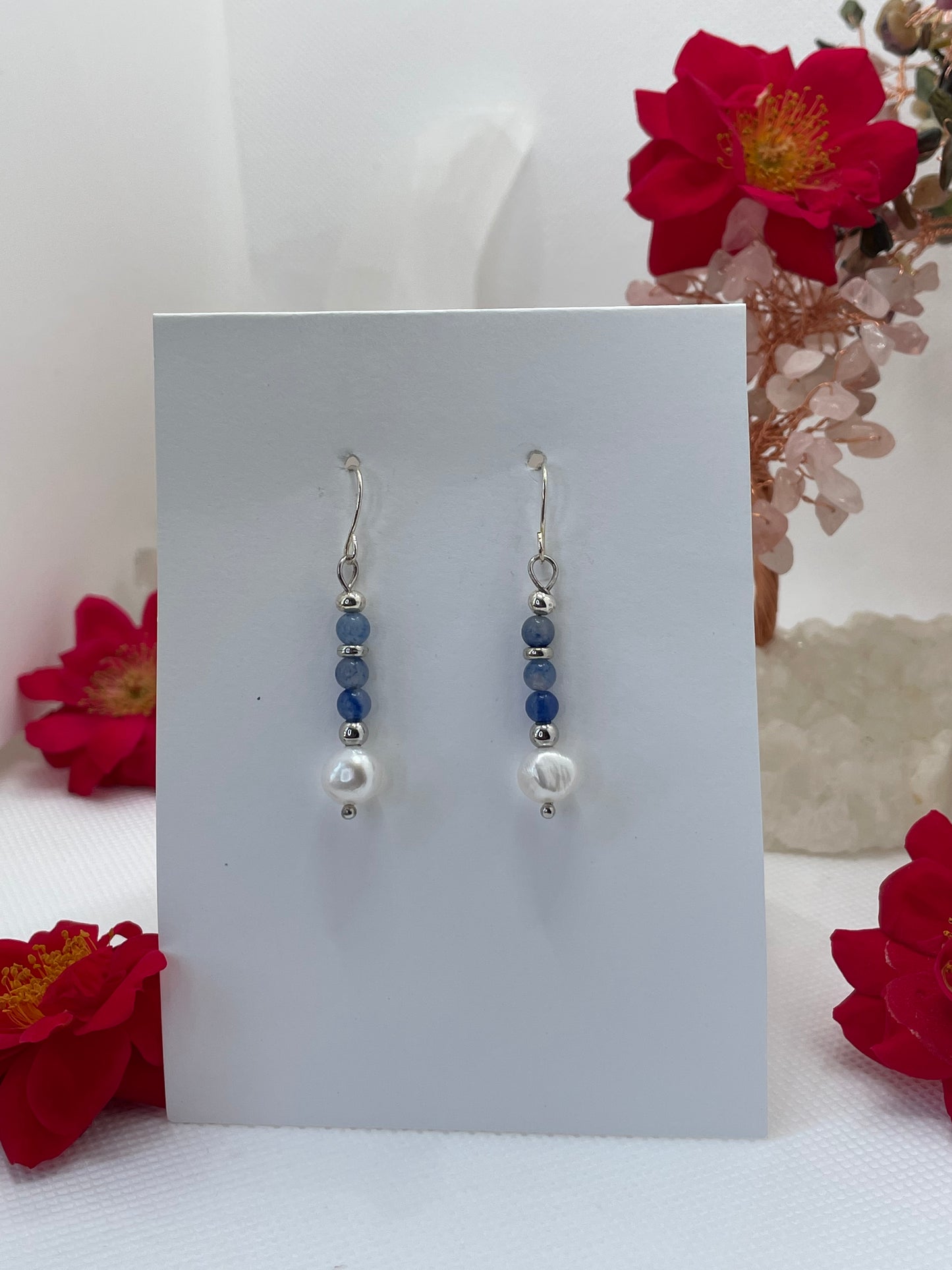 Blue Aventurine & Fresh Water Pearl Dangle Earrings