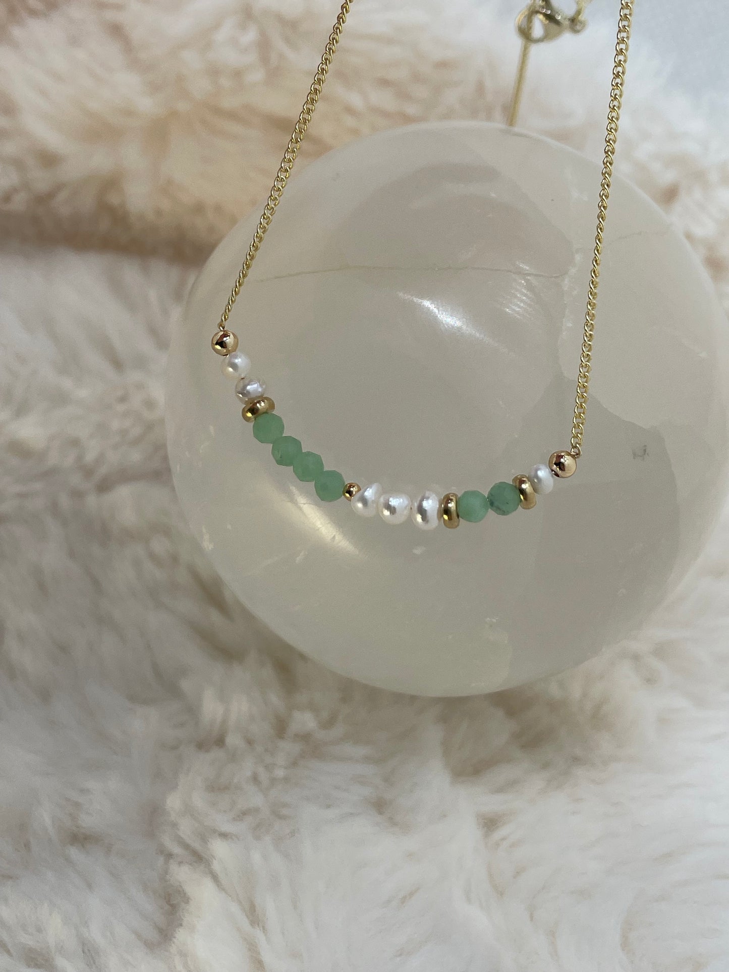 Green Aventurine ~Stone of Abundance” & Freshwater Pearl~Stone of Purity~Dainty Necklace
