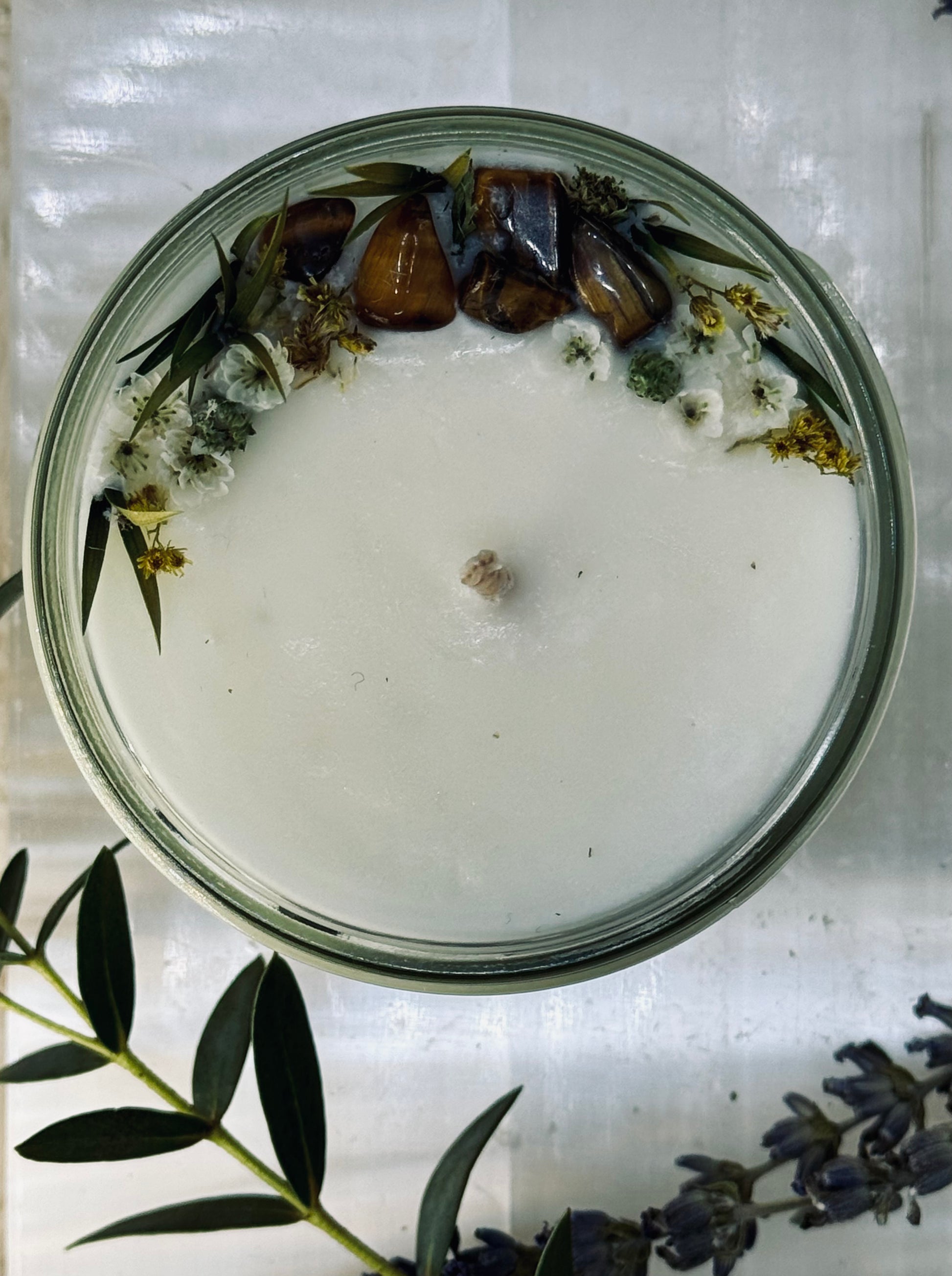 Hand poured soy Jasmine Tiger Eye Intention Candle

