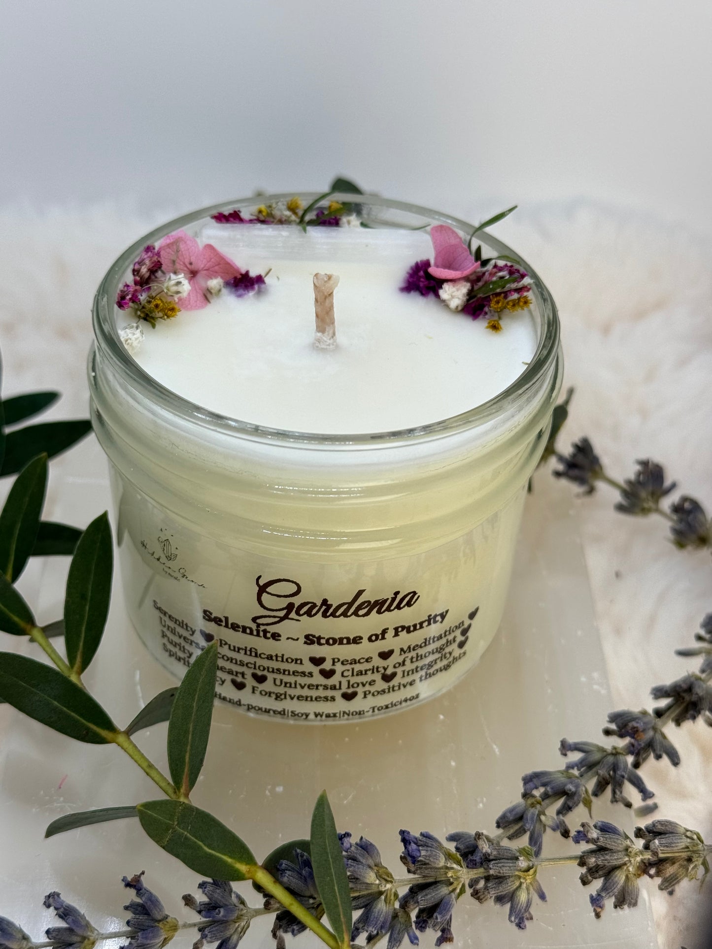 Selenite~ "Stone of Purity" Soy Candle~ Gardenia