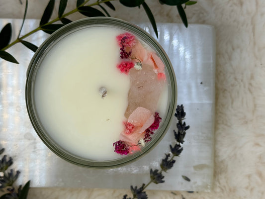 Rose Quartz ~ "Stone of Love" Soy Candle~ Honey Suckle