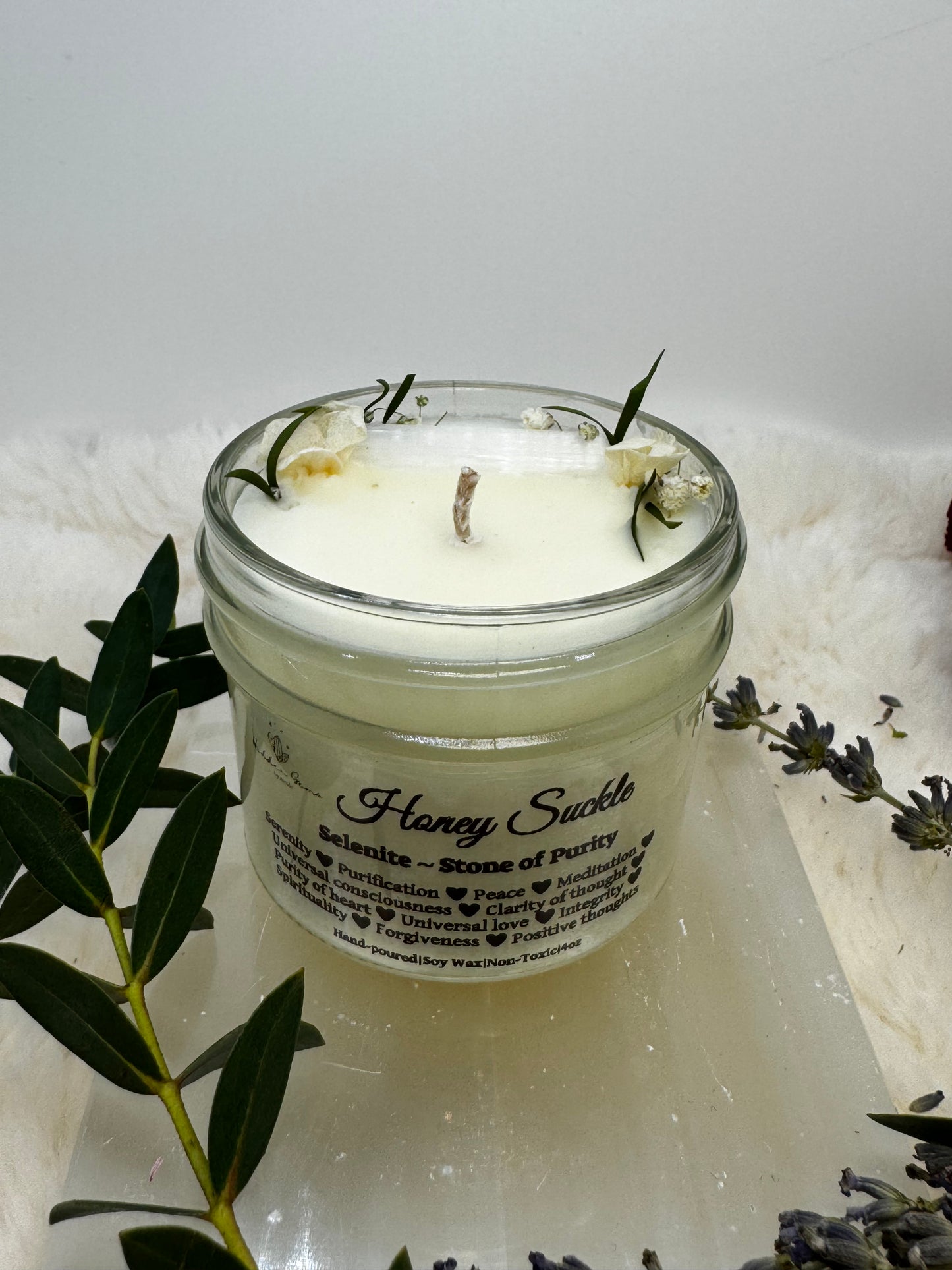 Selenite~ Stone of Purity Soy Candle~ Honey Suckle