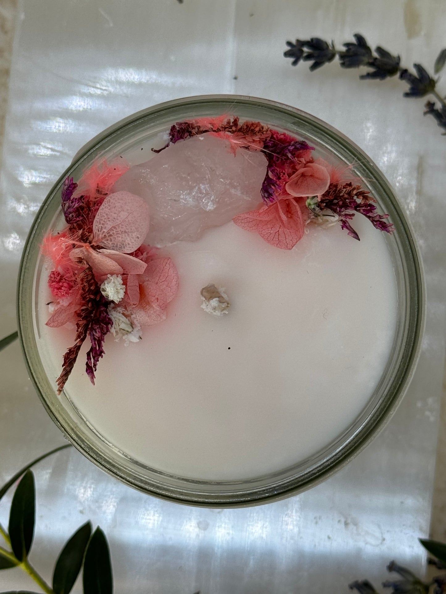 Rose Quartz ~ "Stone of Love" Soy Candle~ Japanese Cherry Blossom