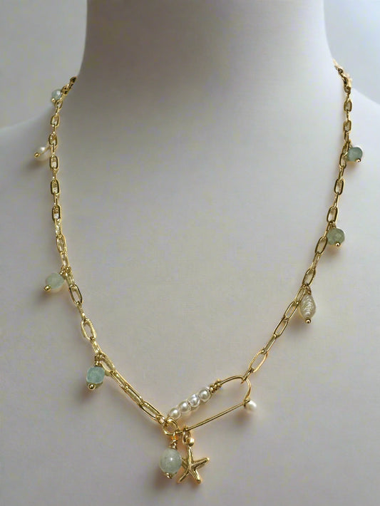 Aquamarine & Freshwater Pearl Gold Filled Paperclip Necklace