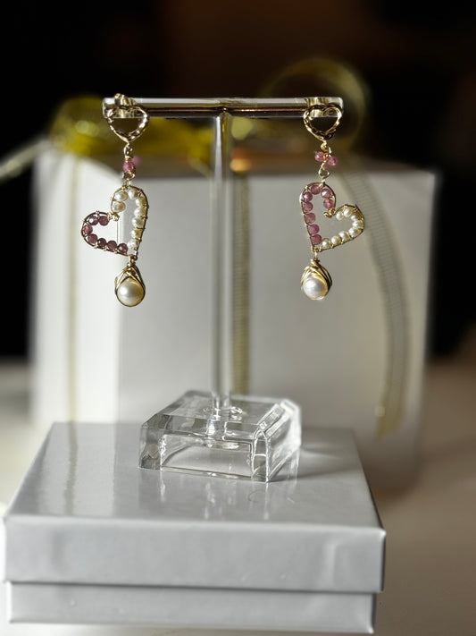 Pink Tourmaline & Freshwater Pearl Heart Stud Drop Earrings