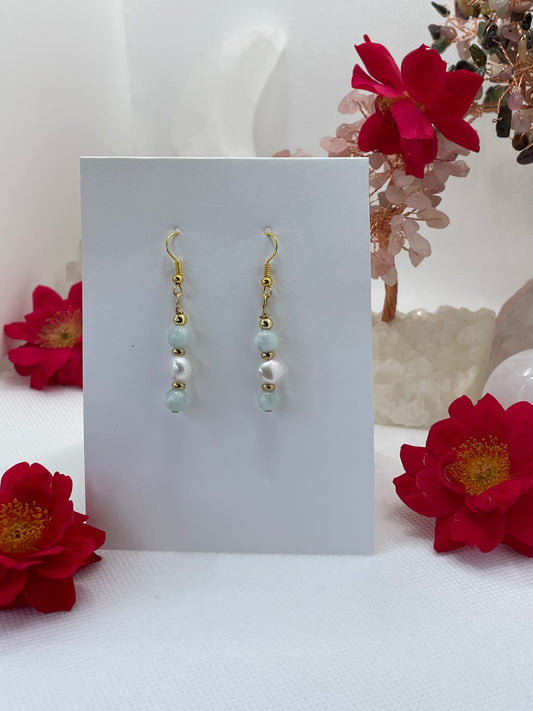Green Moonstone & Fresh Water Pearl Dangle Earrings