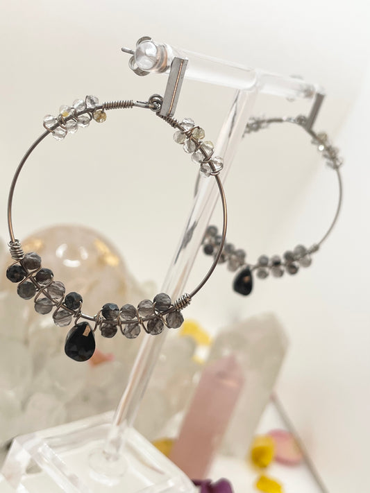 Golden Rutilated Quartz , Obsidian & Black Spinel 45mm Silver Hoop Earrings