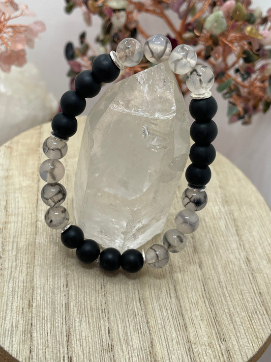 Silver Obsidian & Dragon Vein Agate 8mm Bracelet