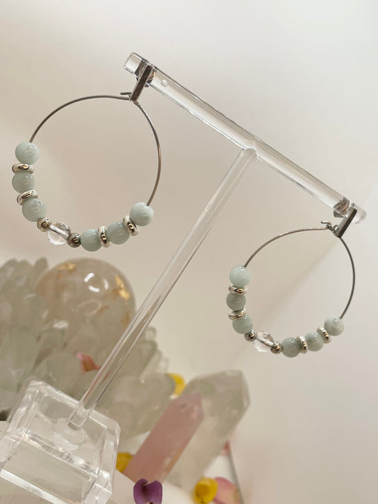 Green Moonstone & Clear Quartz Hoop Earrings