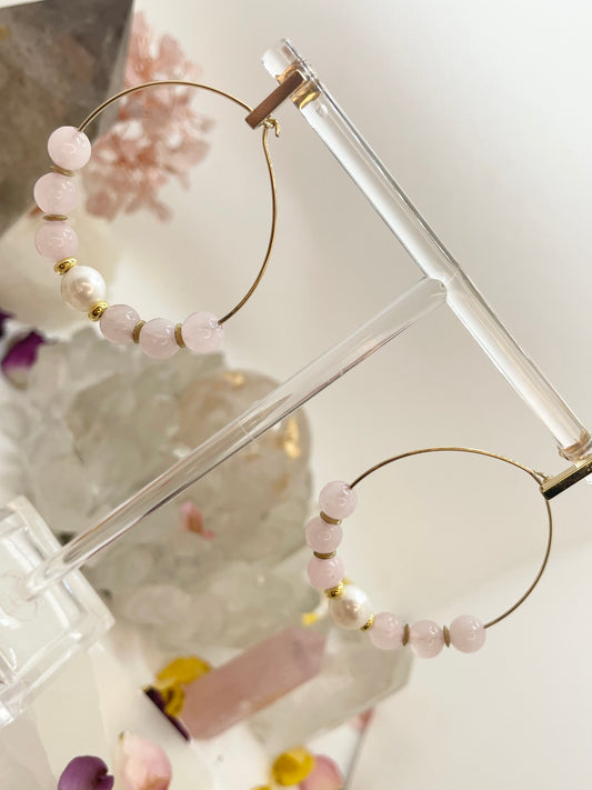 Rose Quartz & Freshwater Pearl Hoop Earrings