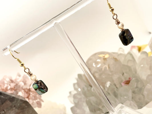 Mother of Pearl & Abalone Gold Dangle Drop Down Earrings