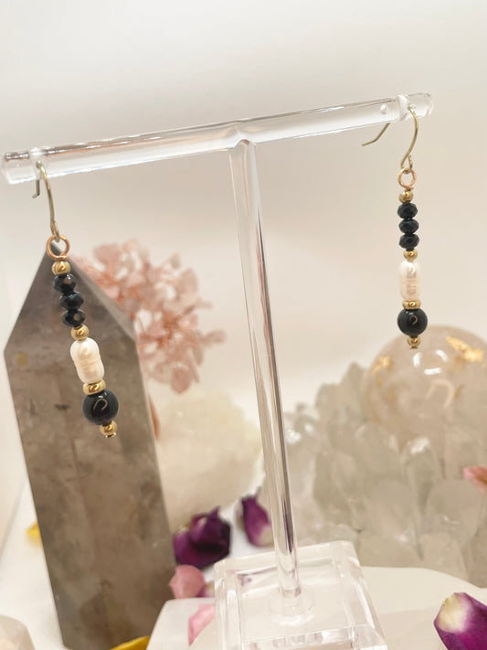 Onyx, Obsidian, & Freshwater Pearl Gold Dangle Earrings