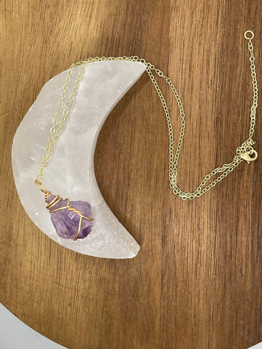 Raw Amethyst Gold Wire Wrapped Necklace