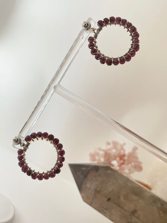 Garnet Beaded Hoop Silver Earrings