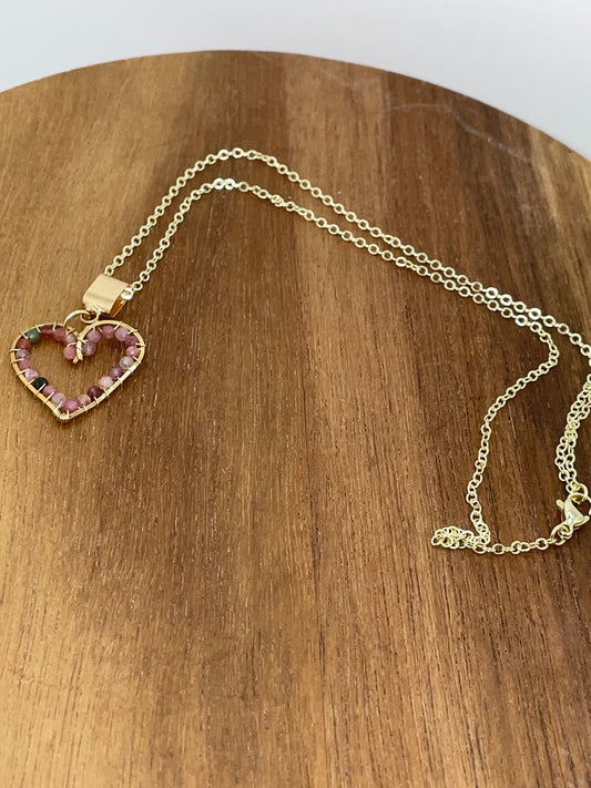 Pink Tourmaline Beaded Heart Necklace